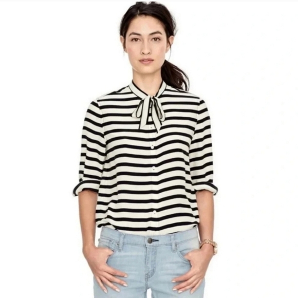 Fossil Silk neck tie striped cream and black blouse - Picture 1 of 8